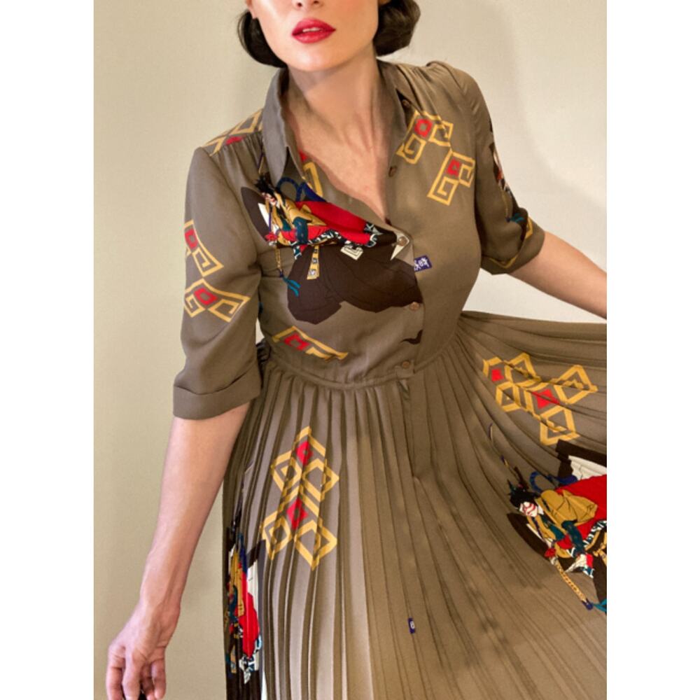 Italiya Japanese Label Midi Silk-like Pleated Dress Japanese Blockprint Sz S/M - Picture 3 of 11